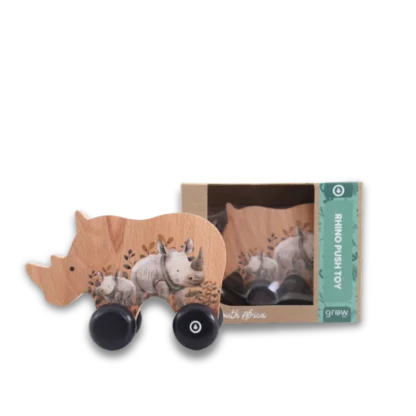 Wooden Rhino Push Toy viewed together with packaging
