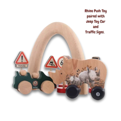 Wooden Rhino Push Toy with Jeep push car and traffic signs