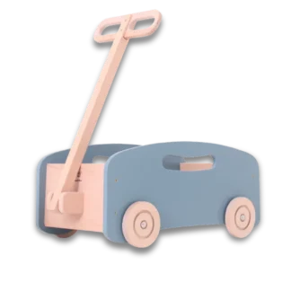 Wooden Toy Push and Pull Wagon Blue with boom in upright position