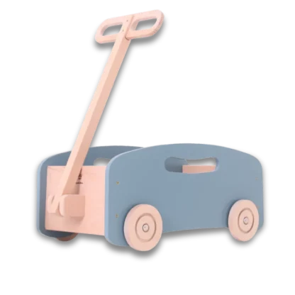 Wooden Toy Push and Pull Wagon Blue with boom in upright position