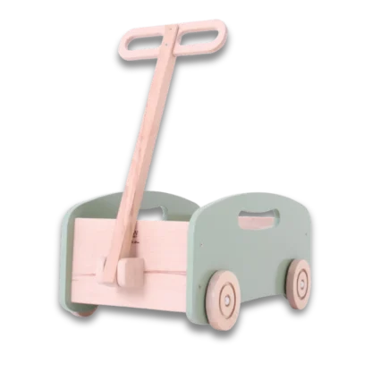 Wooden Toy Push and Pull Wagon Green viewed from the front of the wagon