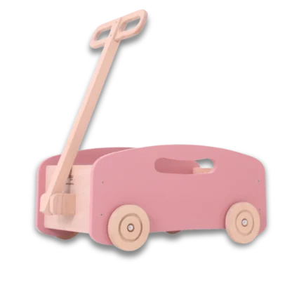 Wooden Toy Push and Pull Wagon Pink with boom in the upright position